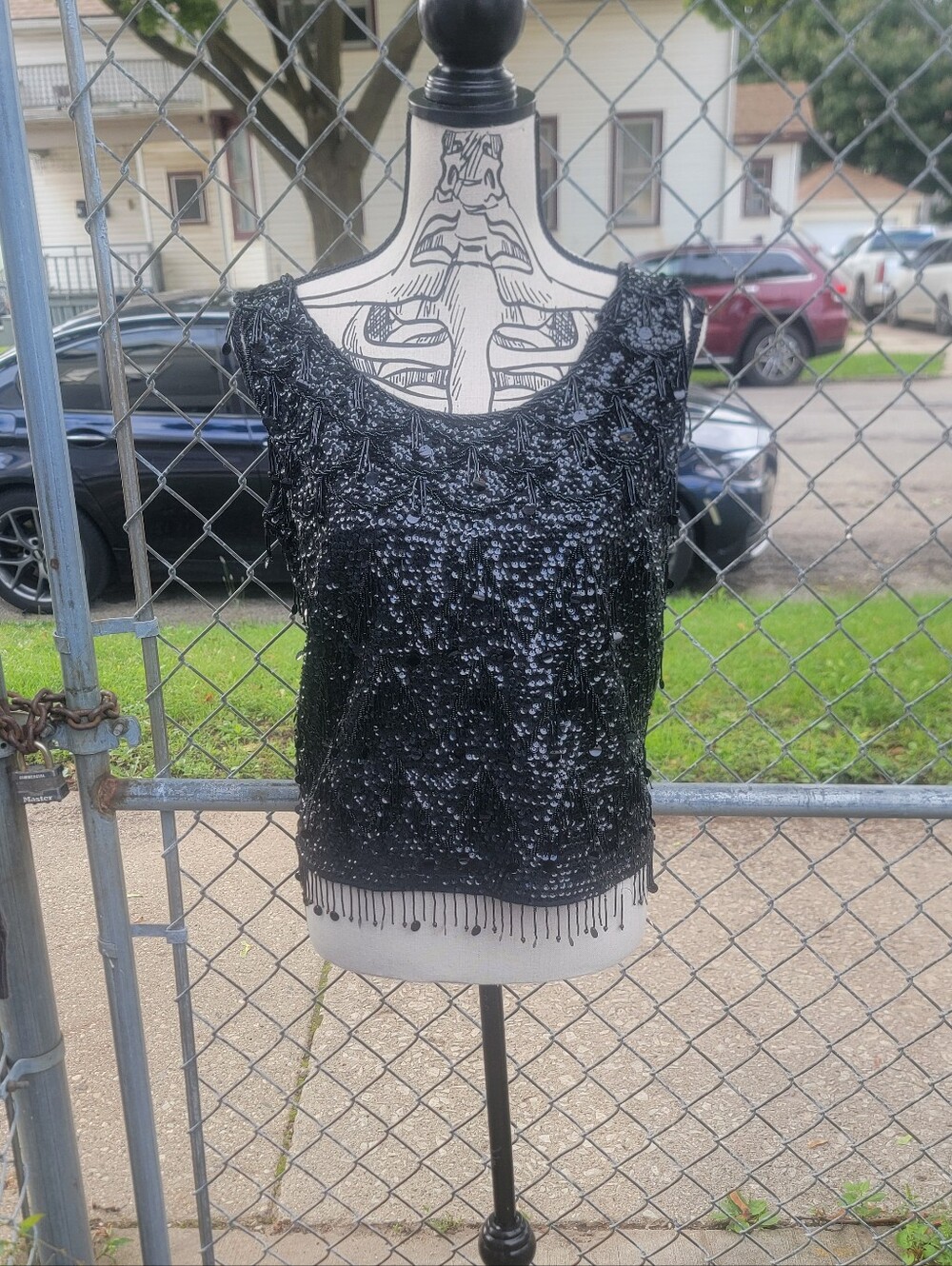 Vintage 1960s Alexander’s Black Beaded Sequin Wool Top Fringe Hong Kong L